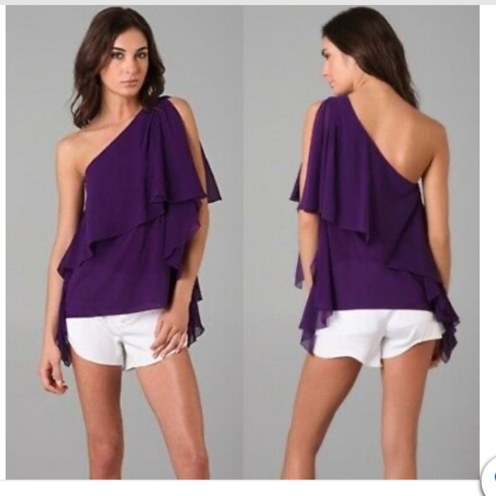 Alice + Olivia Purple One-Shoulder Ruffle Crop Top